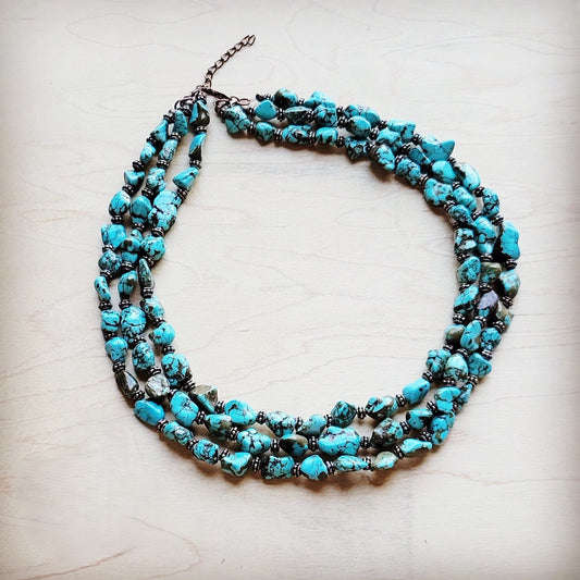 Triple Strand Blue Turquoise & Copper Collar Necklace 259e