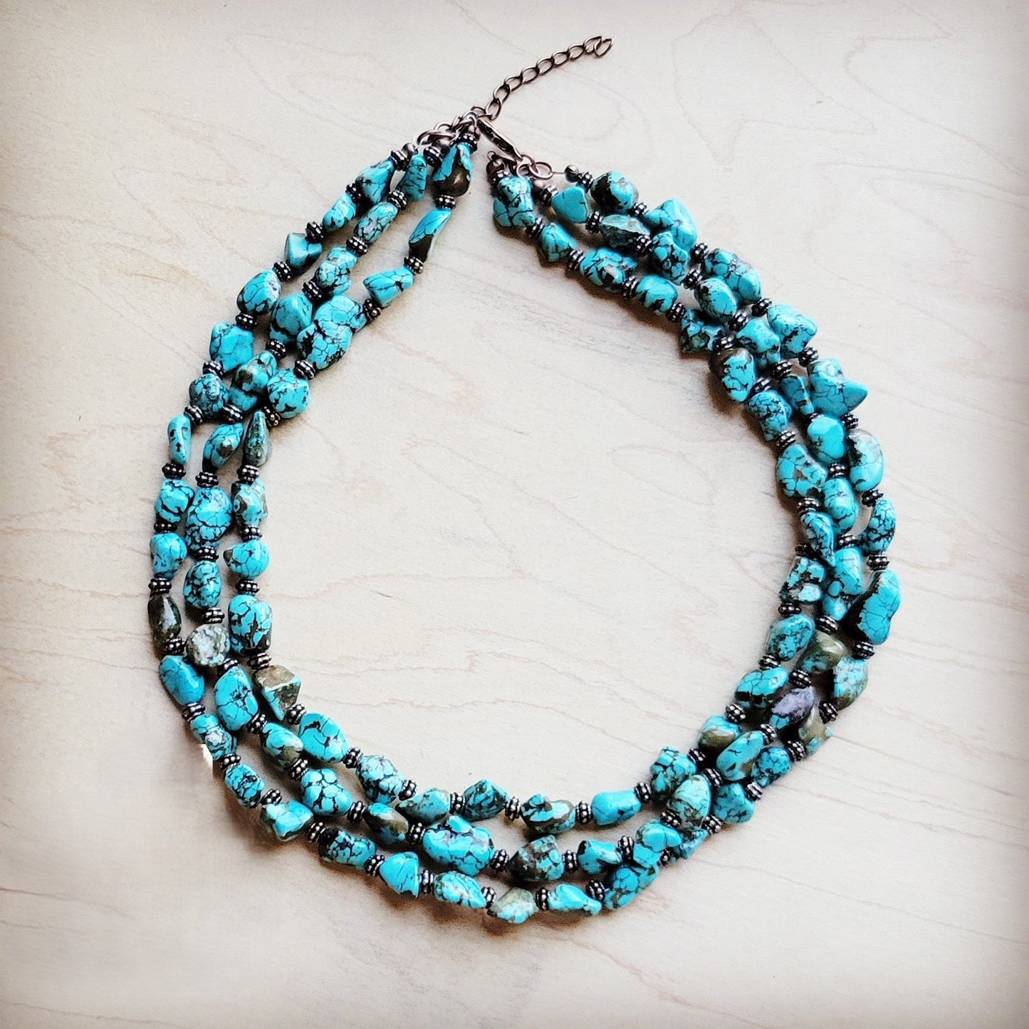 Triple Strand Blue Turquoise & Copper Collar Necklace 259e
