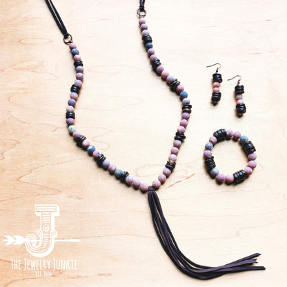 Frosted Marble Jasper Necklace w/ Wood Beads & Leather Tassel 258b