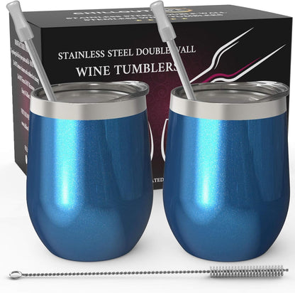 Stainless Steel Wine Tumblers 2 Pack 12 Oz - Double Wall Vacuum Insulated Wine Cups with Lids and Straws Set for Coffee, Wine, Cocktails (Mermaid Sparkle)