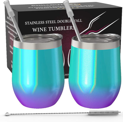 Stainless Steel Wine Tumblers 2 Pack 12 Oz - Double Wall Vacuum Insulated Wine Cups with Lids and Straws Set for Coffee, Wine, Cocktails (Mermaid Sparkle)
