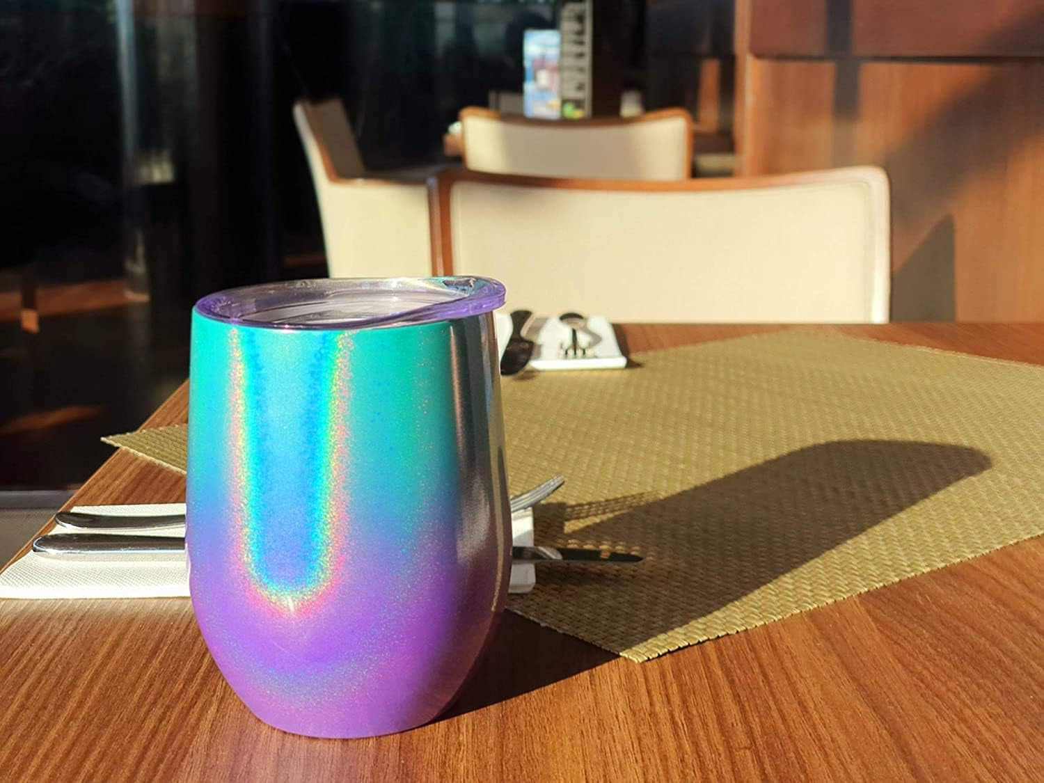 Stainless Steel Wine Tumblers 2 Pack 12 Oz - Double Wall Vacuum Insulated Wine Cups with Lids and Straws Set for Coffee, Wine, Cocktails (Mermaid Sparkle)