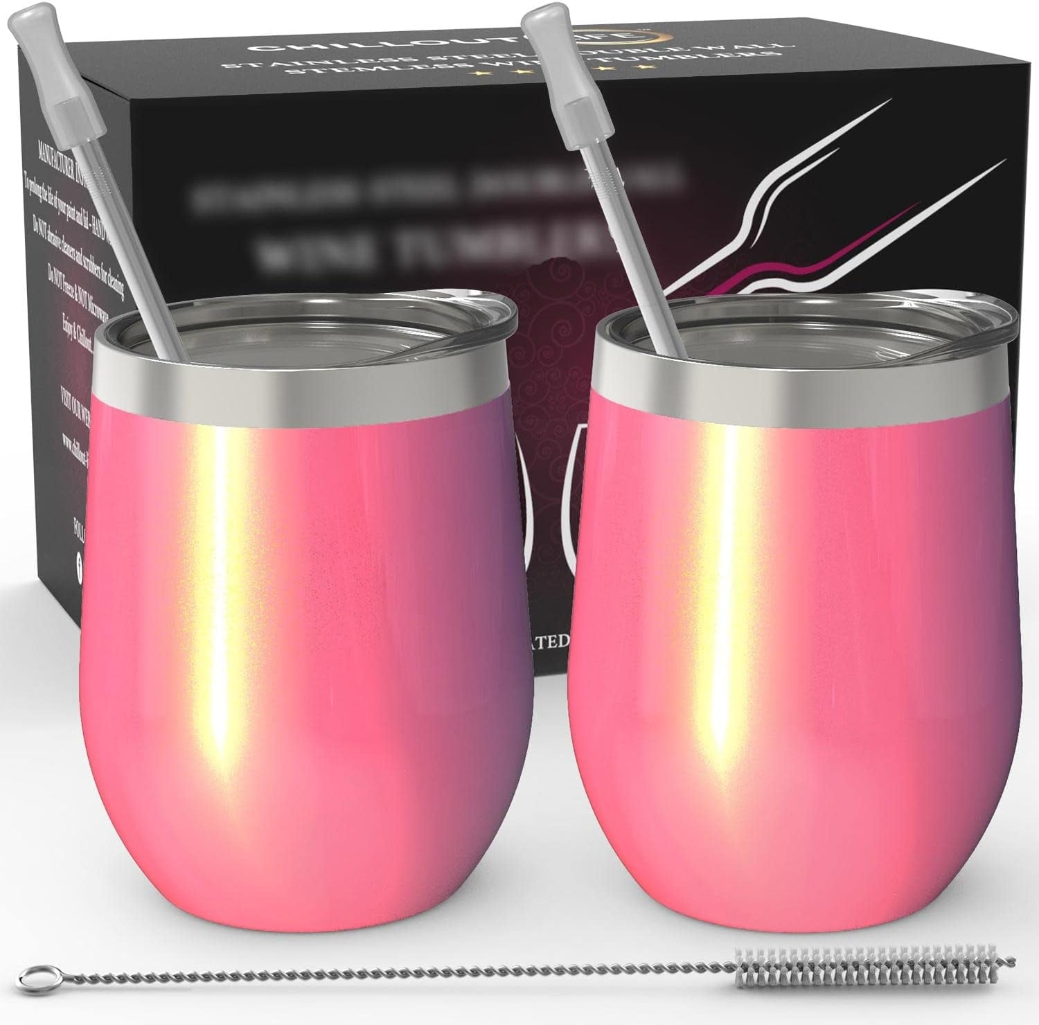 Stainless Steel Wine Tumblers 2 Pack 12 Oz - Double Wall Vacuum Insulated Wine Cups with Lids and Straws Set for Coffee, Wine, Cocktails (Mermaid Sparkle)