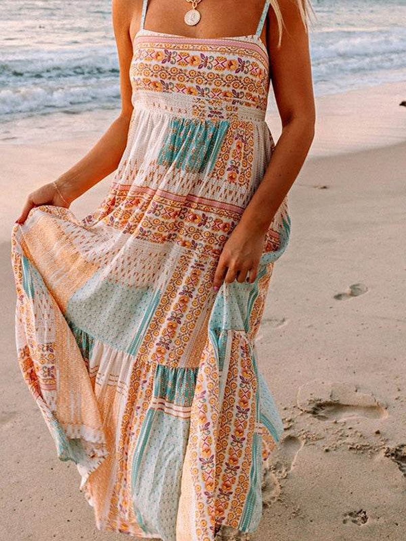 Mint Boho Patchwork Print Square Neck Sundress