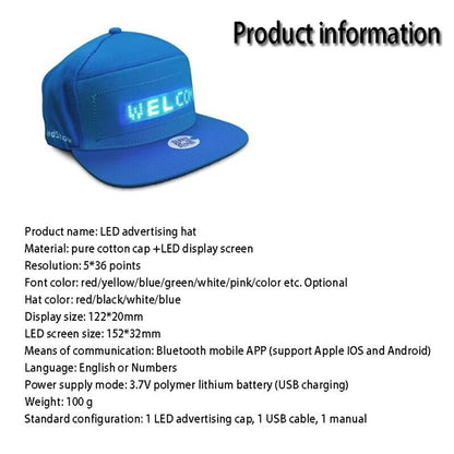 Programmable Custom LED Scrolling Message Baseball Cap - Bluetooth App Control