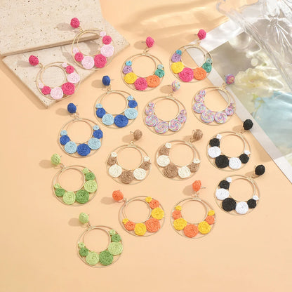 Bohemia Hit Color Round Earrings - Handmade Rattan Weave 