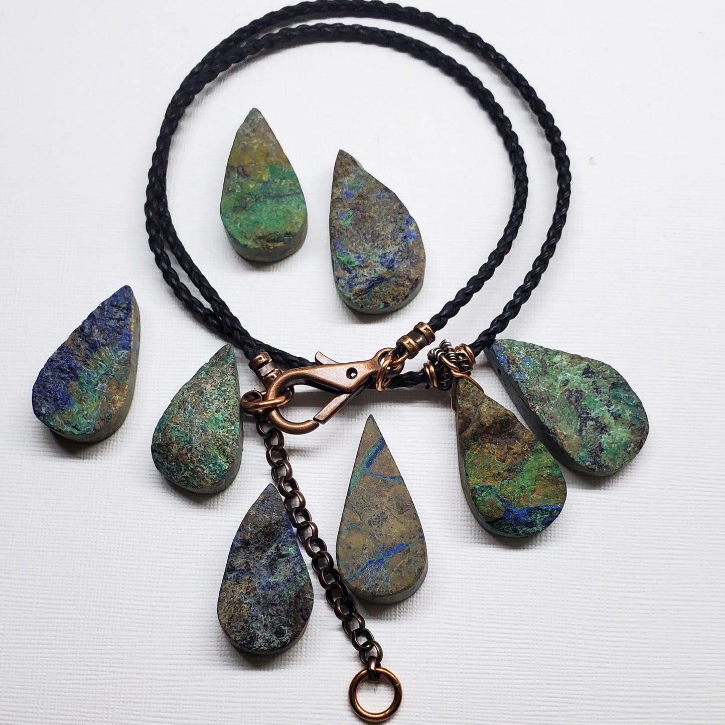 Wire Wrapped Natural Azurite Malachite Drop Vegan Cord Necklace