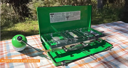 3-Burner Portable Camping Stove Grill W/ Toast Tray, Compatible with 1LB Propane Tanks