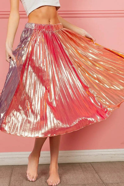 Bibi Metallic Color Block Pleats Midi Skirt