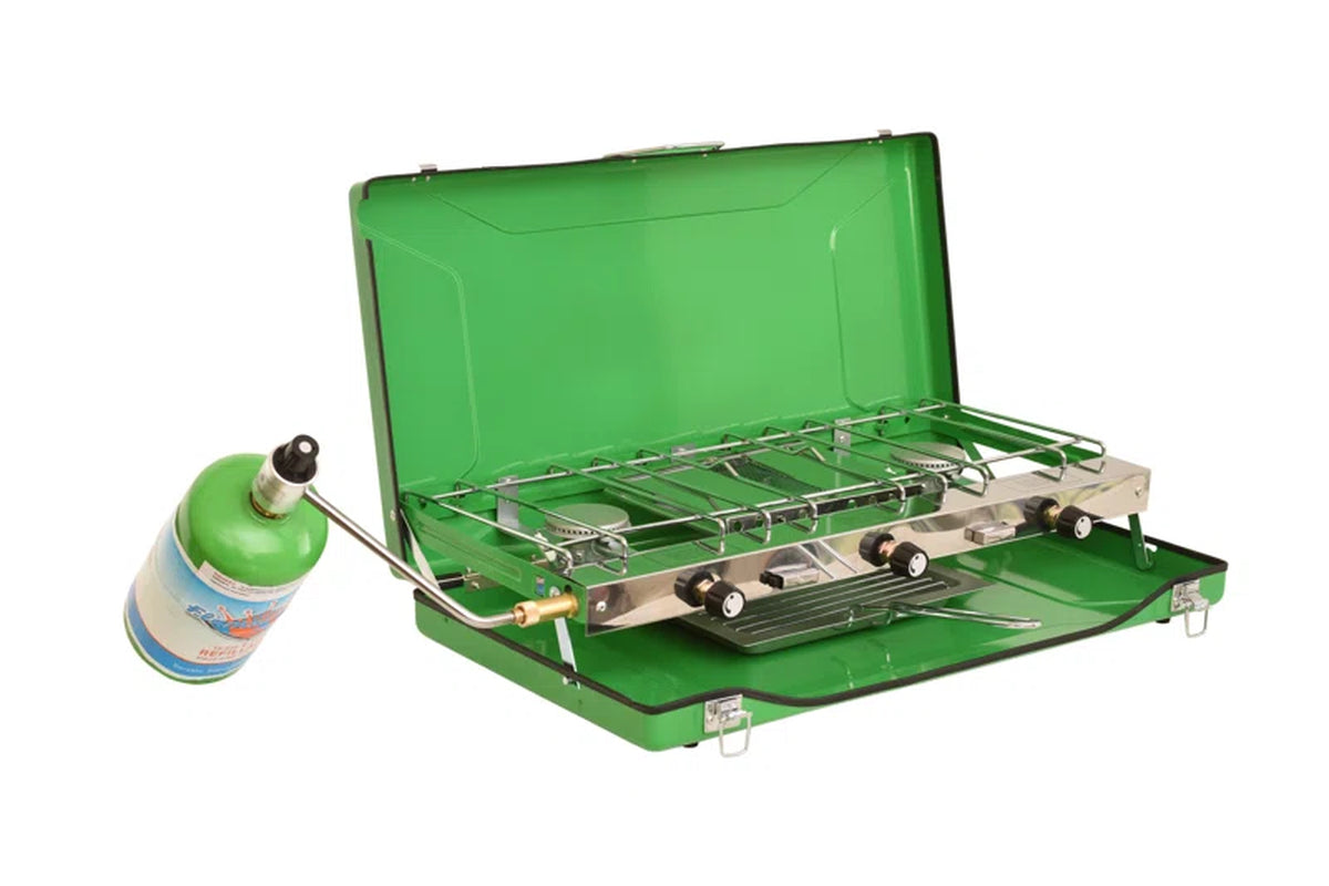 3-Burner Portable Camping Stove Grill W/ Toast Tray, Compatible with 1LB Propane Tanks