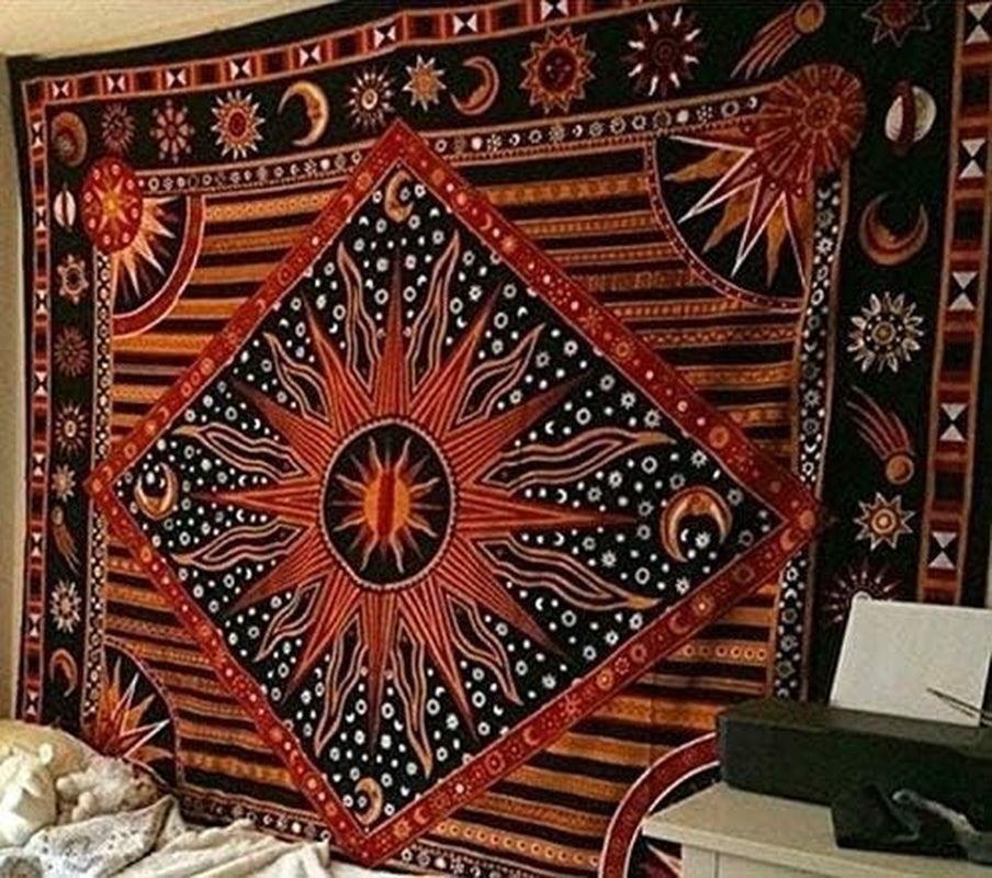 Golden Orange Mandala Aesthetic Tapestry – Celestial Cotton Wall Hanging for Bedroom or Living Room, 140X210 Cm