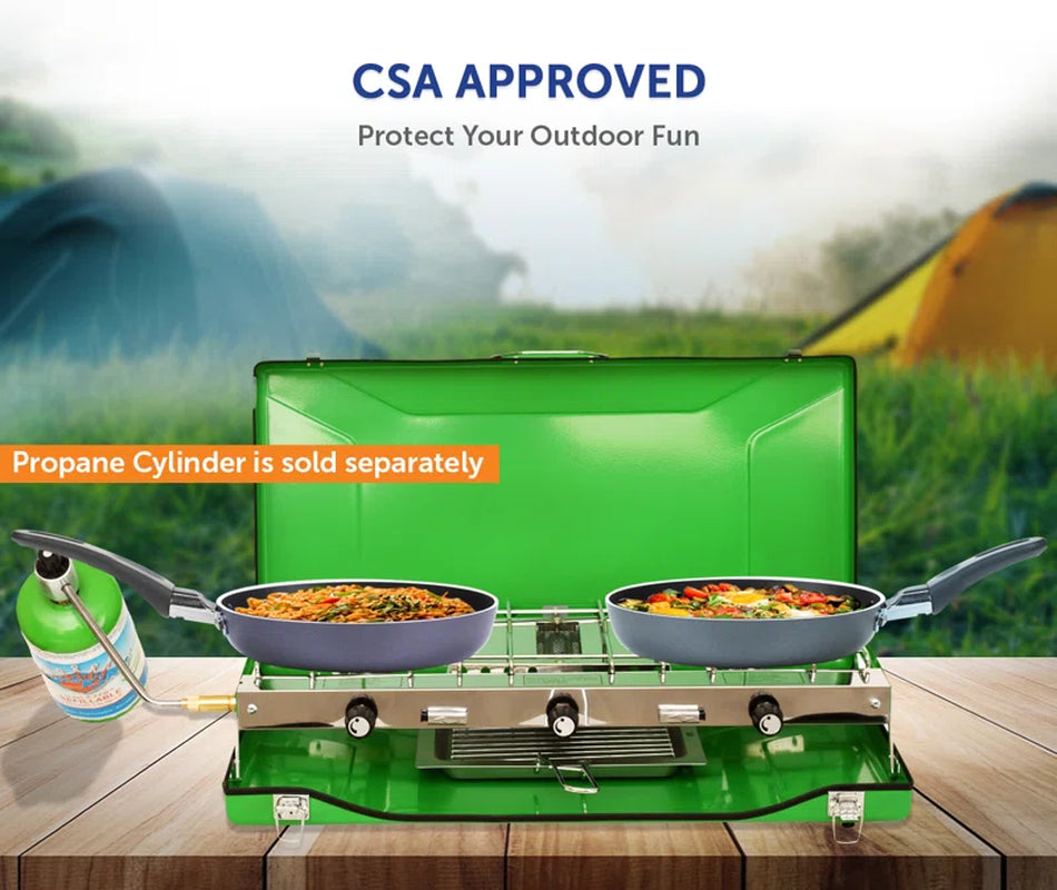 3-Burner Portable Camping Stove Grill W/ Toast Tray, Compatible with 1LB Propane Tanks