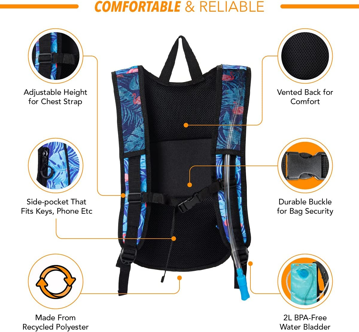 Hydration Pack Backpack with 2L Water Bladder for Women, Men, Teens, Kids - Hydropack Hydro Sports, Outdoor, Running, Camping, Hiking, Festivals, Raves