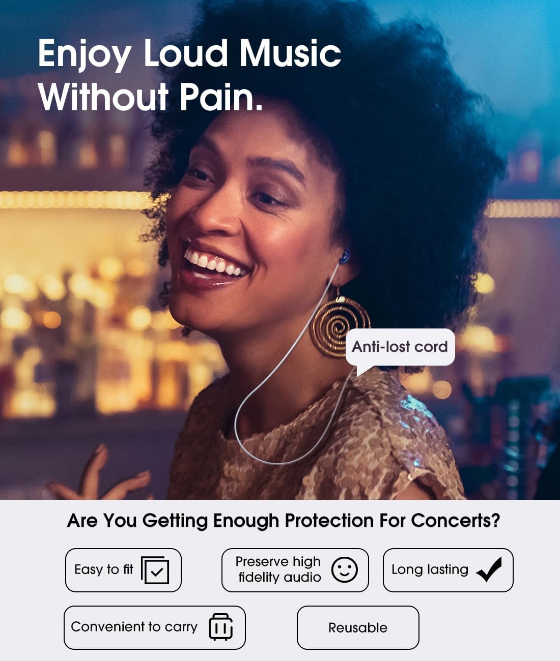 Reusable Concert Ear Plugs, 2-Pairs High Fidelity Sound Reduction