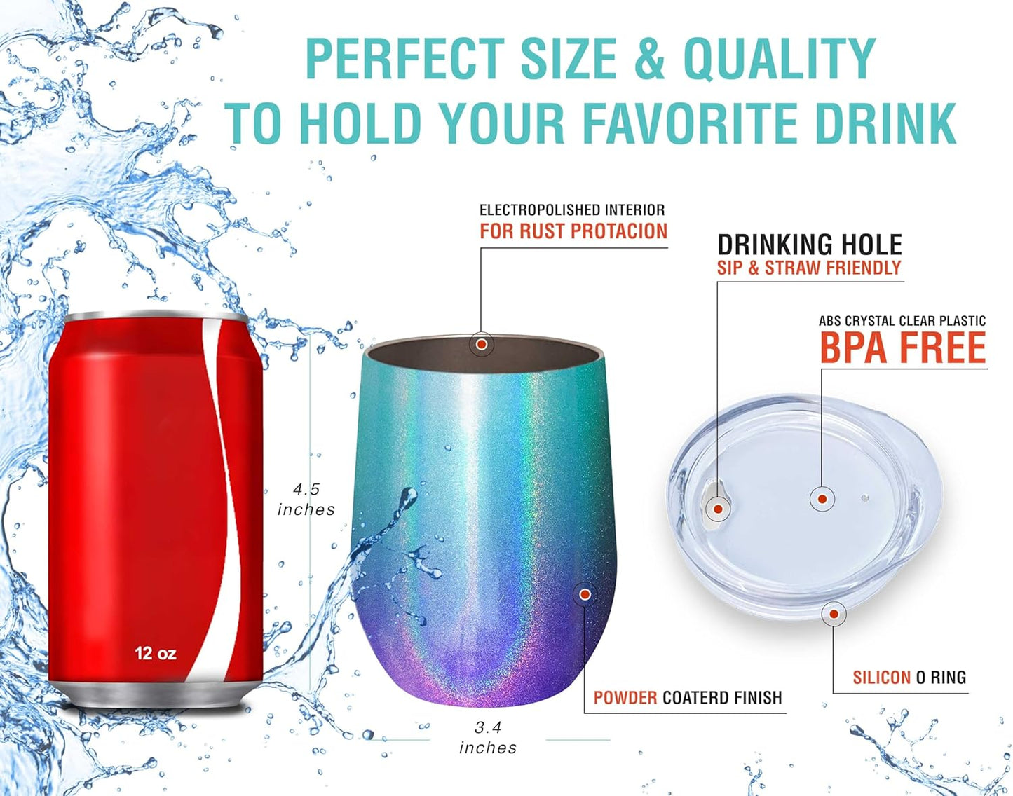 Stainless Steel Wine Tumblers 2 Pack 12 Oz - Double Wall Vacuum Insulated Wine Cups with Lids and Straws Set for Coffee, Wine, Cocktails (Mermaid Sparkle)