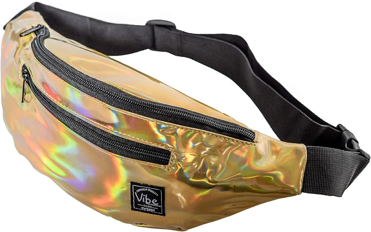 Fanny Pack for Men Women - Many Prints - Black Holographic Silver Gold Cute Waist Bag for Festival Rave Hiking Running Cycling