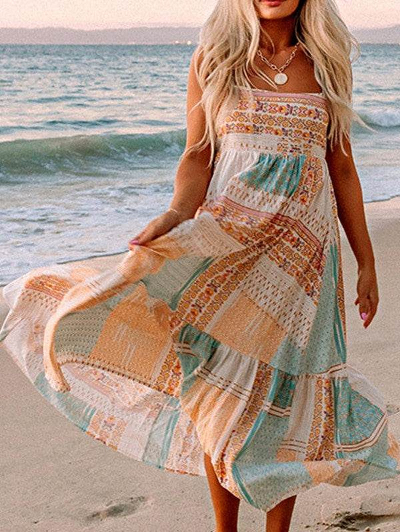 Mint Boho Patchwork Print Square Neck Sundress