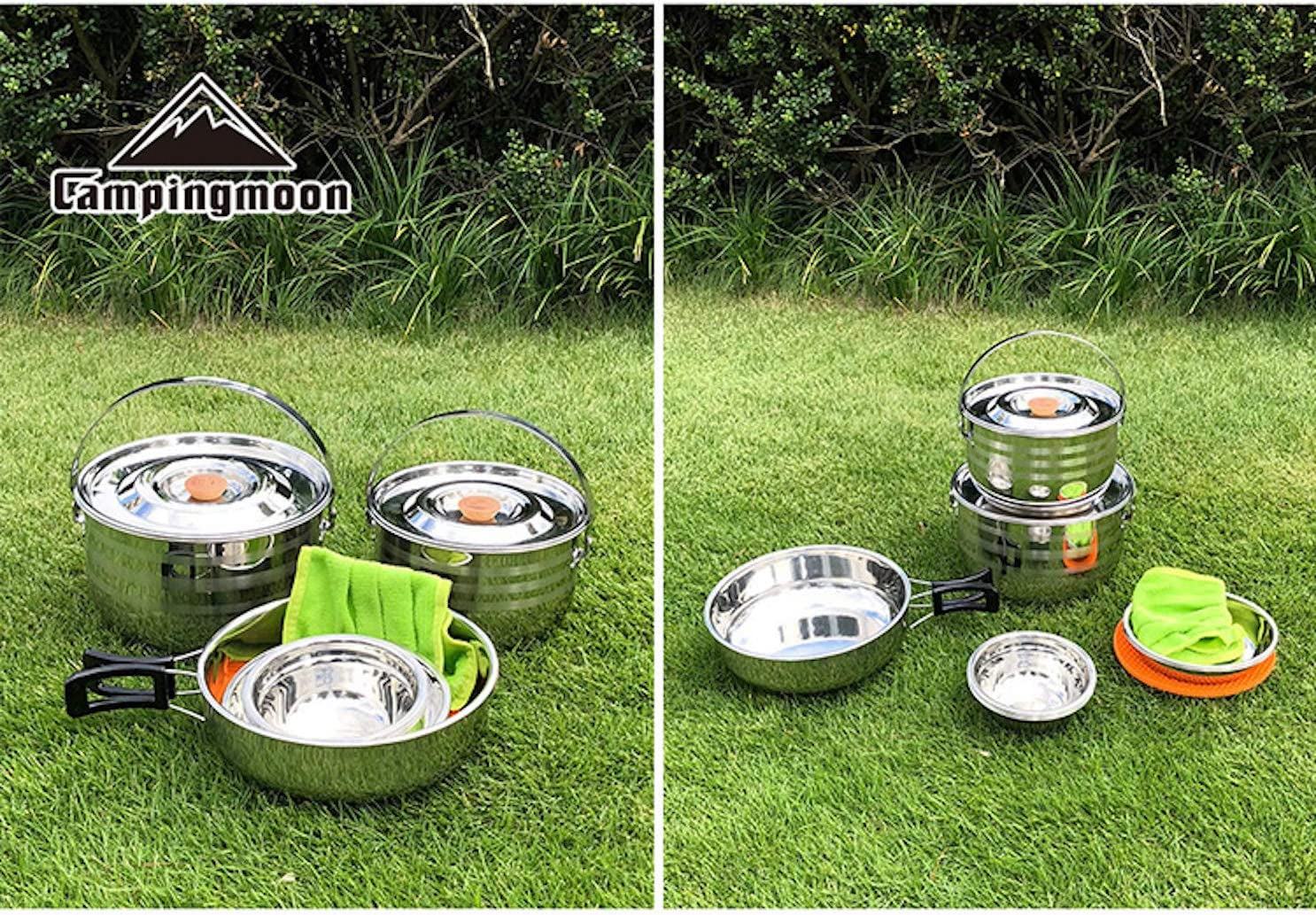 Camping Cookware Nesting Set - Stainless Steel with Storage Carrying Tote Bag