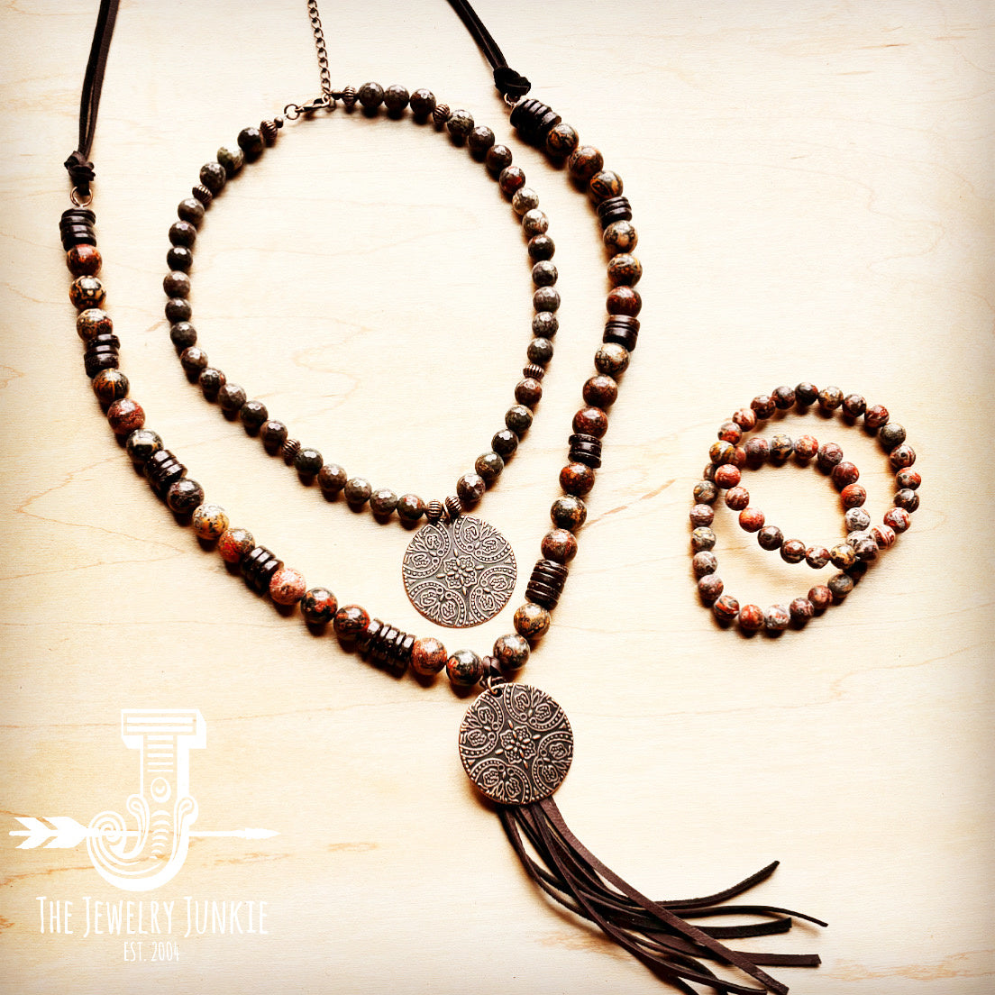 Leopard Jasper Necklace w/ Wood Beads & Copper Medallion 258c