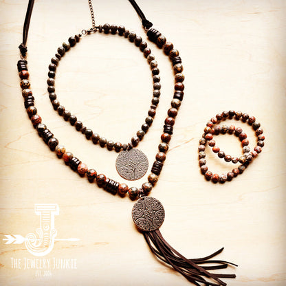 Leopard Jasper Necklace w/ Wood Beads & Copper Medallion 258c