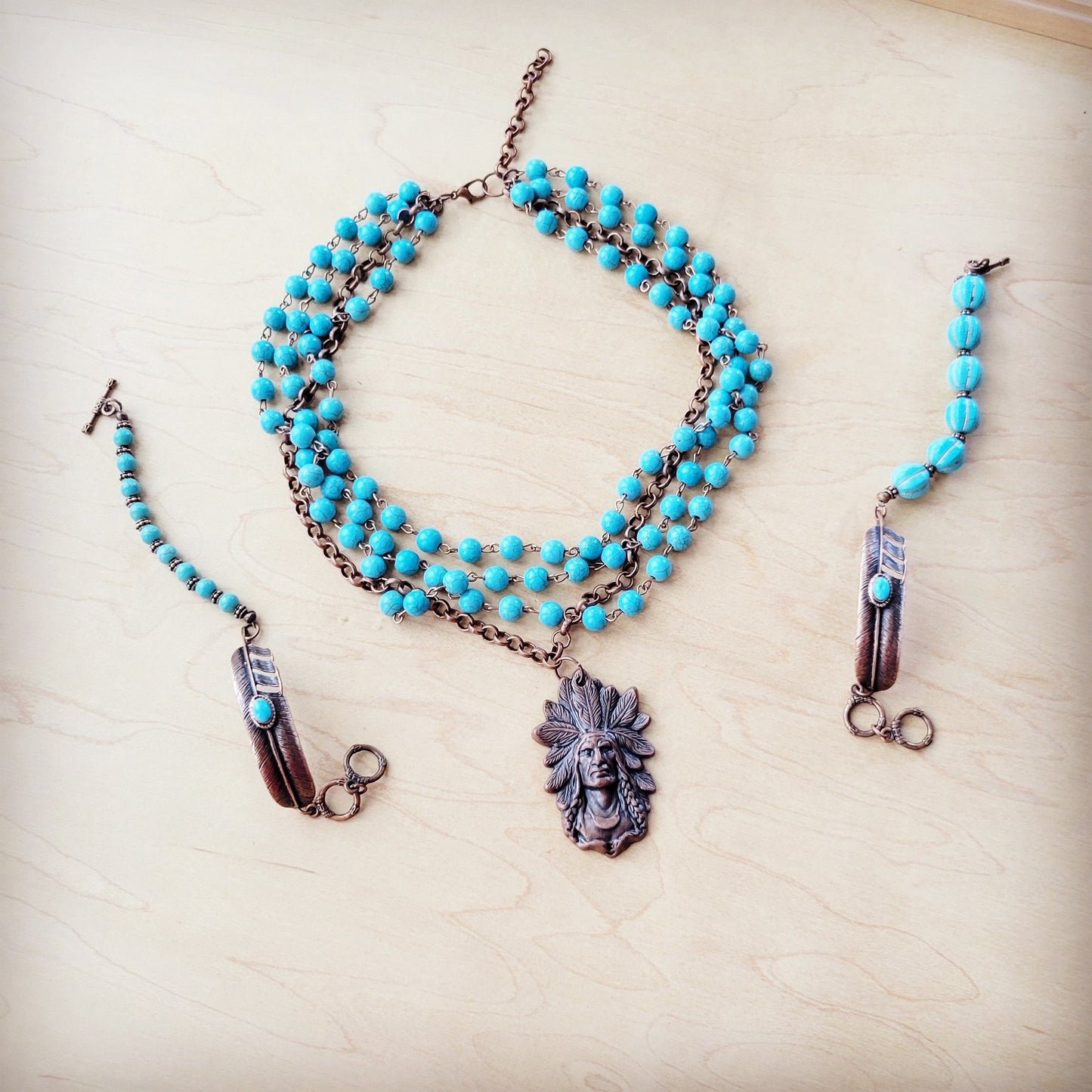 Blue Melon Turquoise Beaded Bracelet on Copper Feather 810u