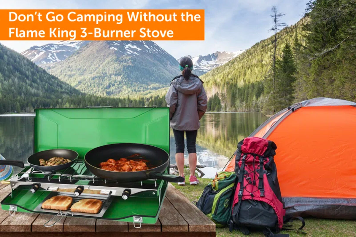 3-Burner Portable Camping Stove Grill W/ Toast Tray, Compatible with 1LB Propane Tanks
