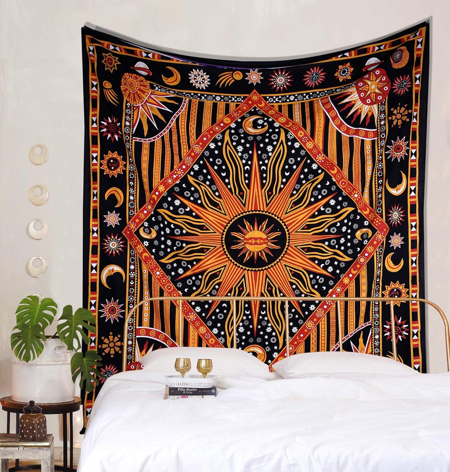 Golden Orange Mandala Aesthetic Tapestry – Celestial Cotton Wall Hanging for Bedroom or Living Room, 140X210 Cm