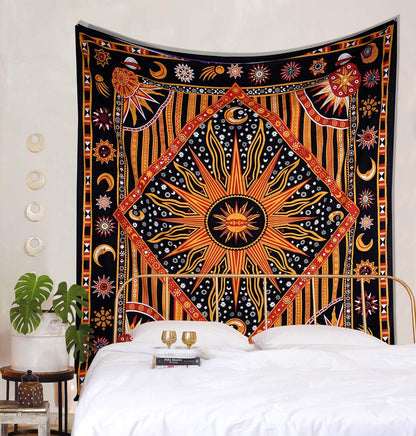 Golden Orange Mandala Aesthetic Tapestry – Celestial Cotton Wall Hanging for Bedroom or Living Room, 140X210 Cm