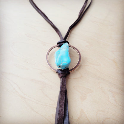 Brown Boho Leather Necklace w/ Large Turquoise Chunky Pendant 261m