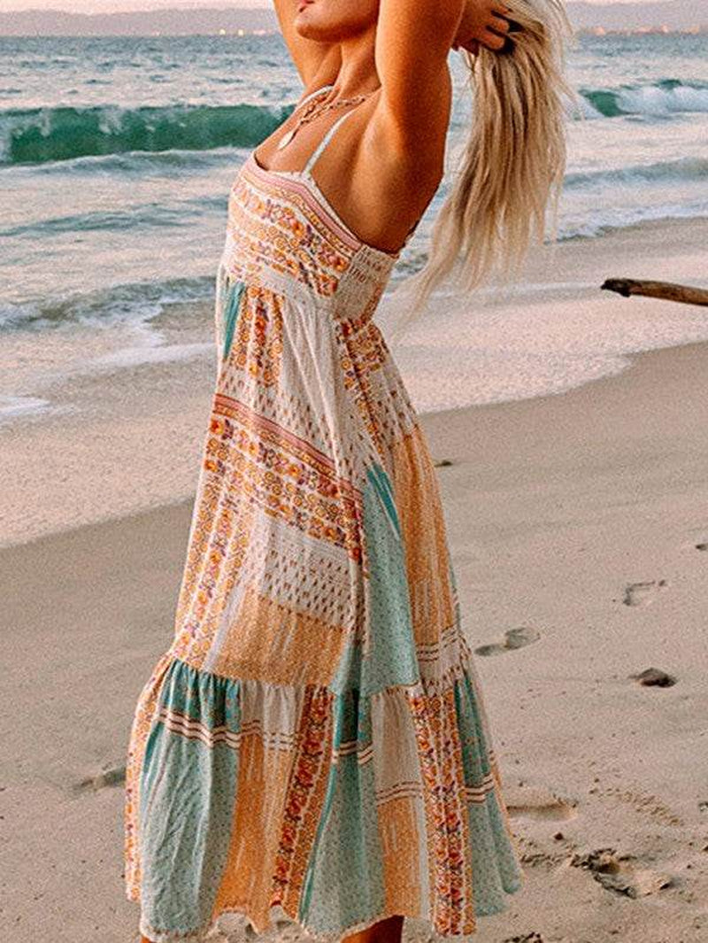 Mint Boho Patchwork Print Square Neck Sundress