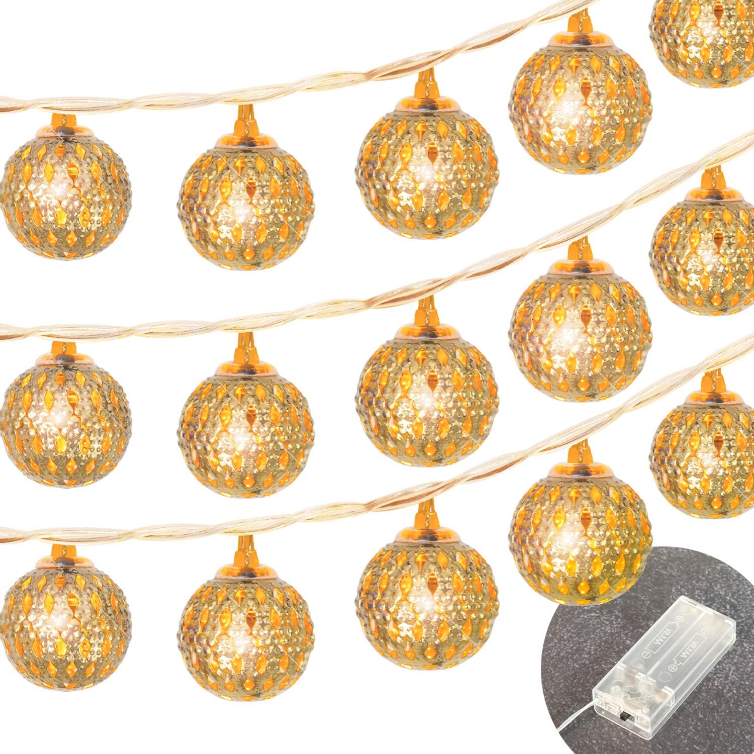 Moroccan Globe LED Fairy String Lights - Battery Powered - 10Ft 20 LEDs