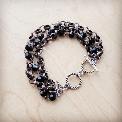 Black Faceted Triple Strand Beaded Bracelet