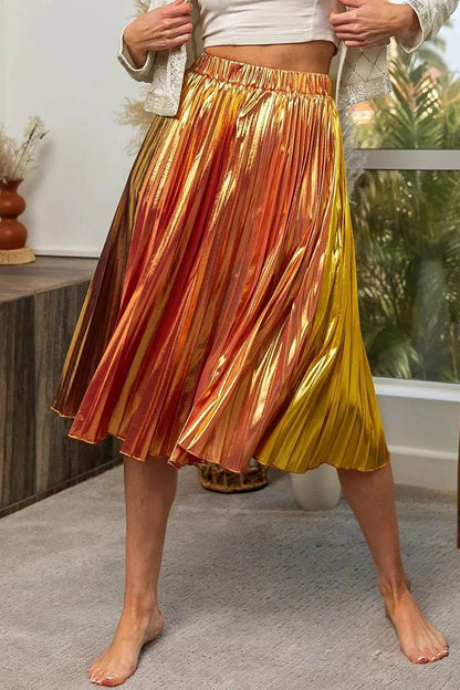 Bibi Metallic Color Block Pleats Midi Skirt