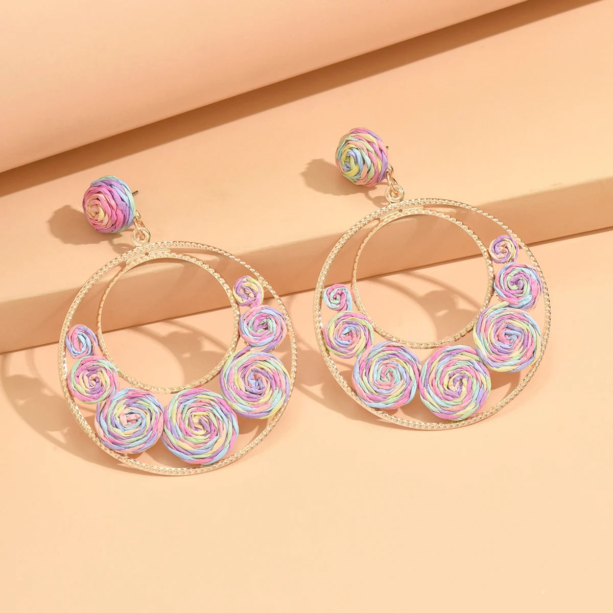 Bohemia Hit Color Round Earrings - Handmade Rattan Weave 