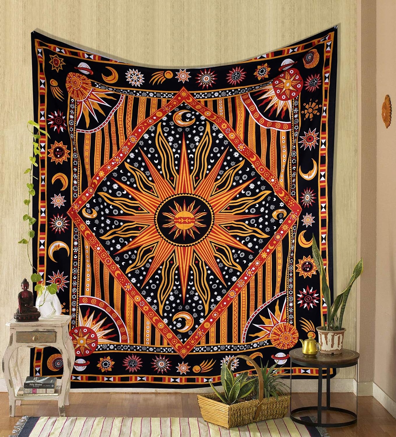 Golden Orange Mandala Aesthetic Tapestry – Celestial Cotton Wall Hanging for Bedroom or Living Room, 140X210 Cm