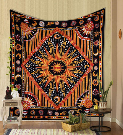 Golden Orange Mandala Aesthetic Tapestry – Celestial Cotton Wall Hanging for Bedroom or Living Room, 140X210 Cm