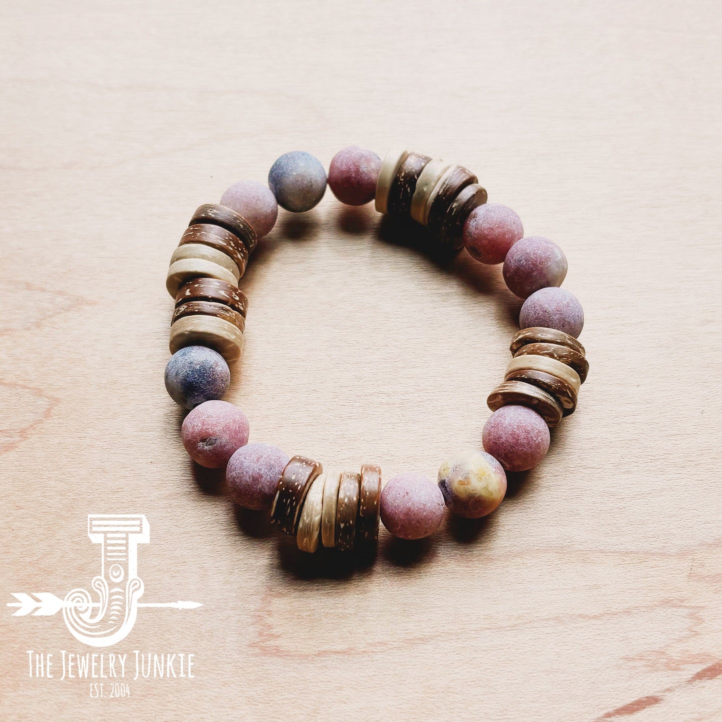 Frosted Marble Jasper and Wood Stretch Bracelet (808z)