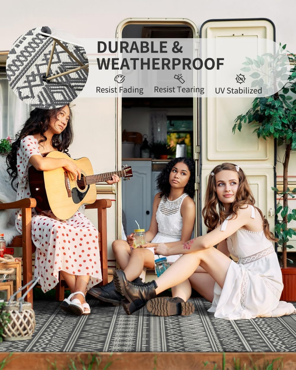 Reversible Outdoor Rug for Camping Boho Grey