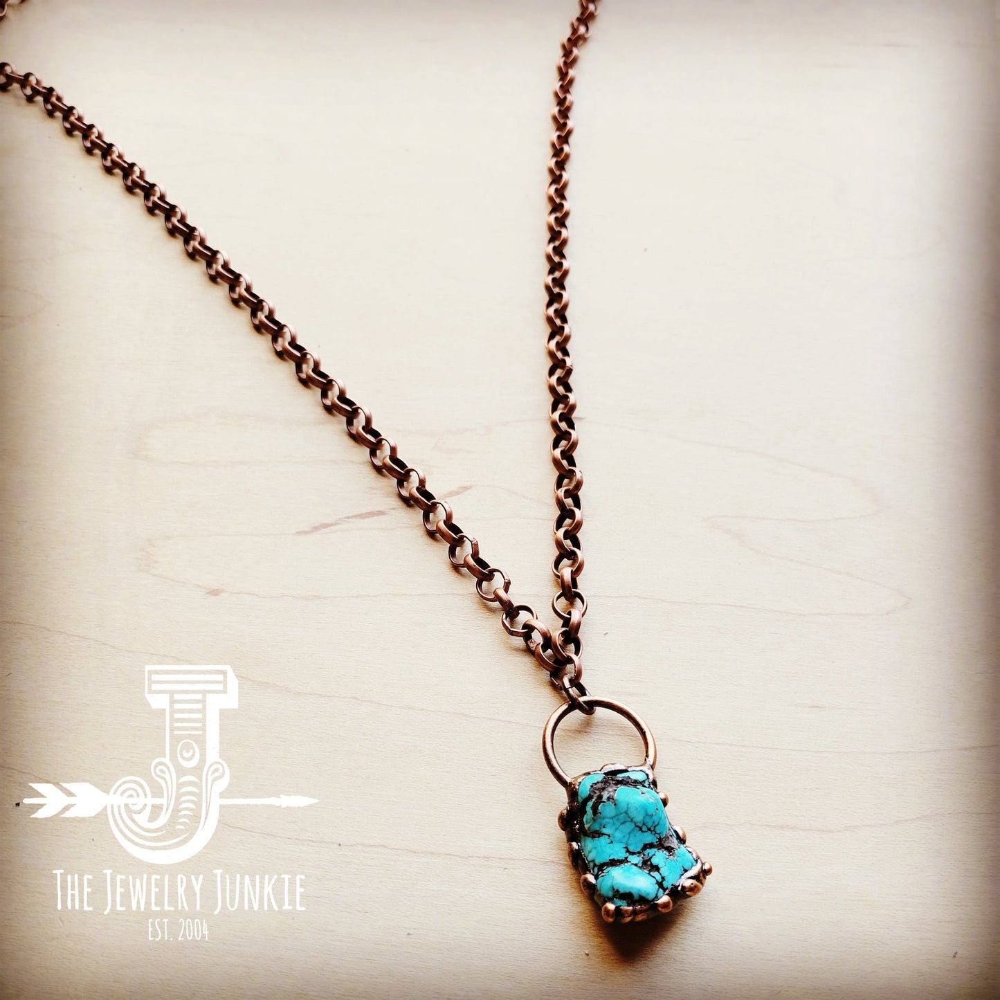 Long Copper Necklace with Turquoise and Copper Pendant 255f
