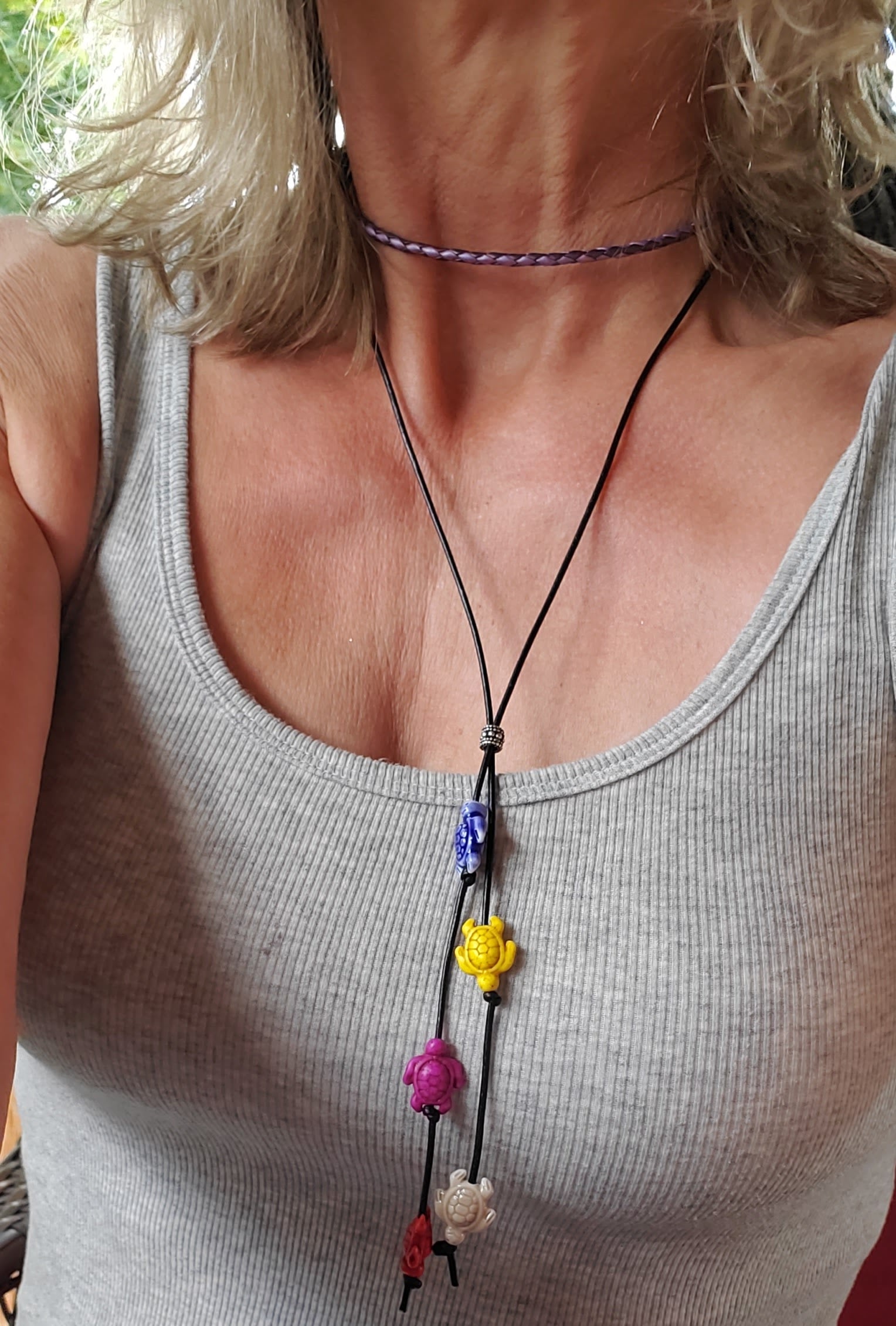 Handmade Black Leather Colored Ceramic Talking Turtle Bolo Necklace