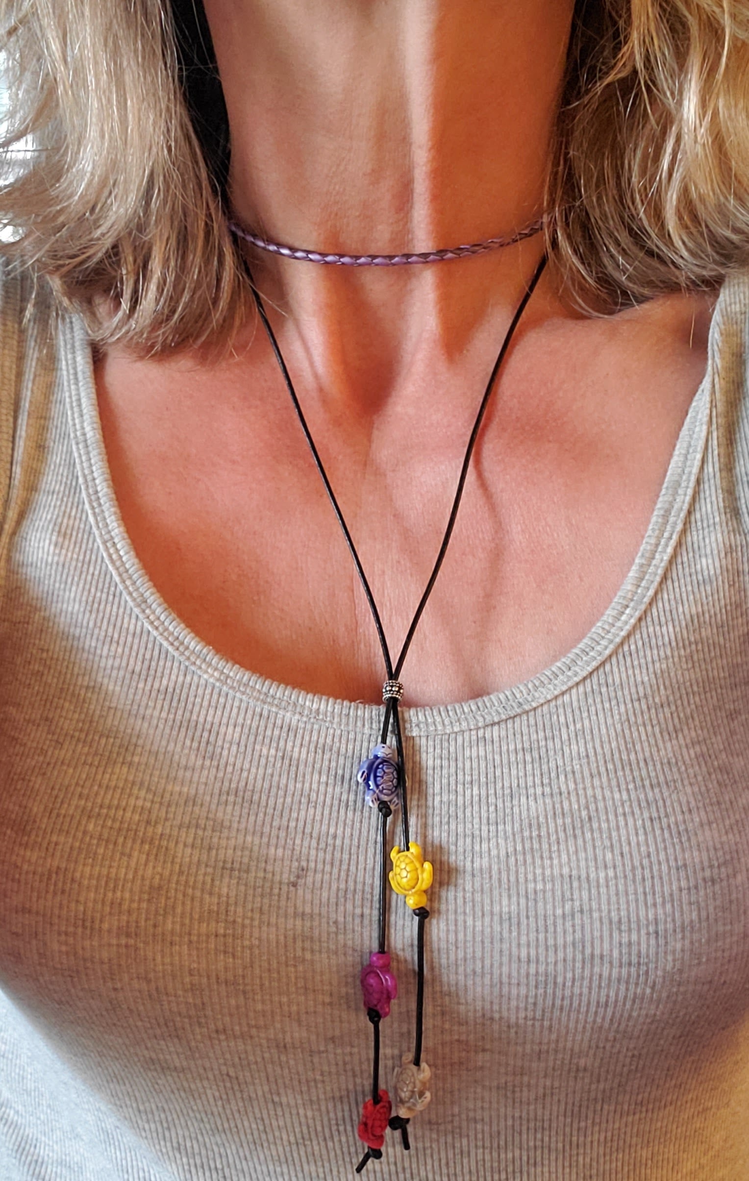 Handmade Black Leather Colored Ceramic Talking Turtle Bolo Necklace