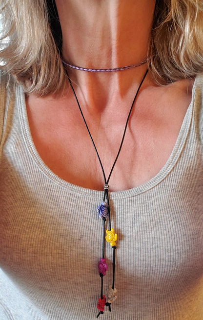 Handmade Black Leather Colored Ceramic Talking Turtle Bolo Necklace