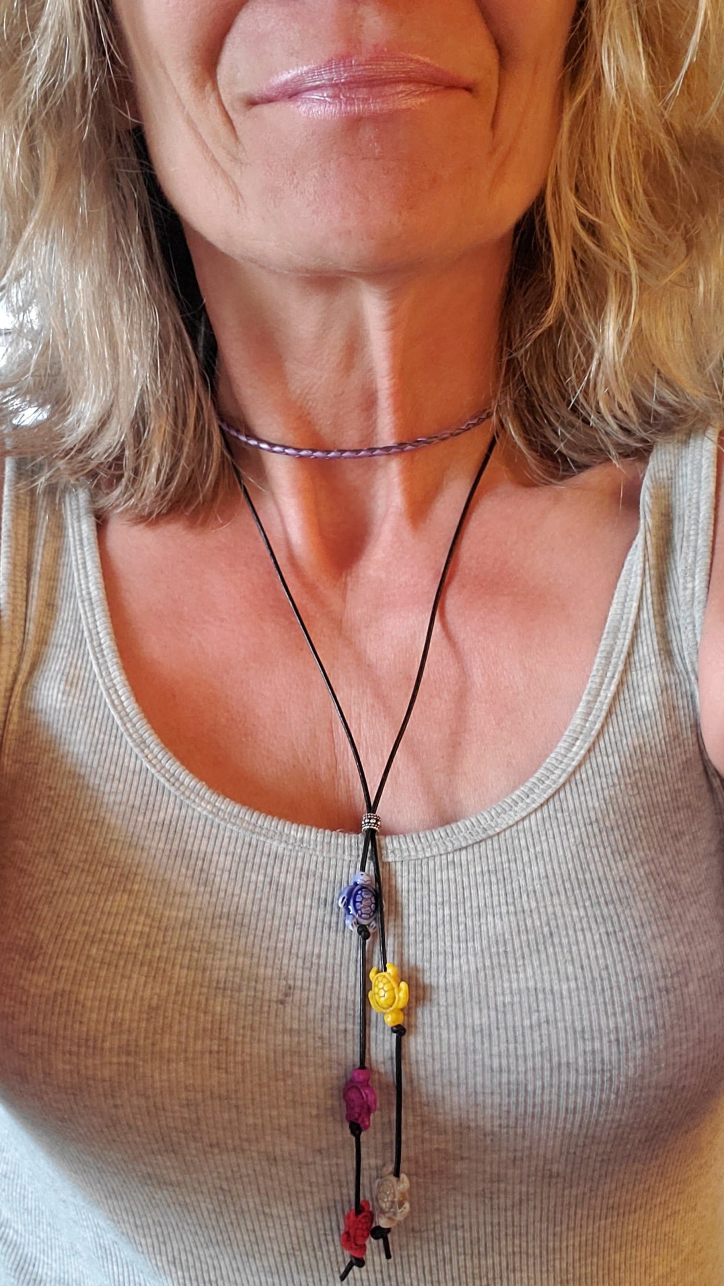 Handmade Black Leather Colored Ceramic Talking Turtle Bolo Necklace