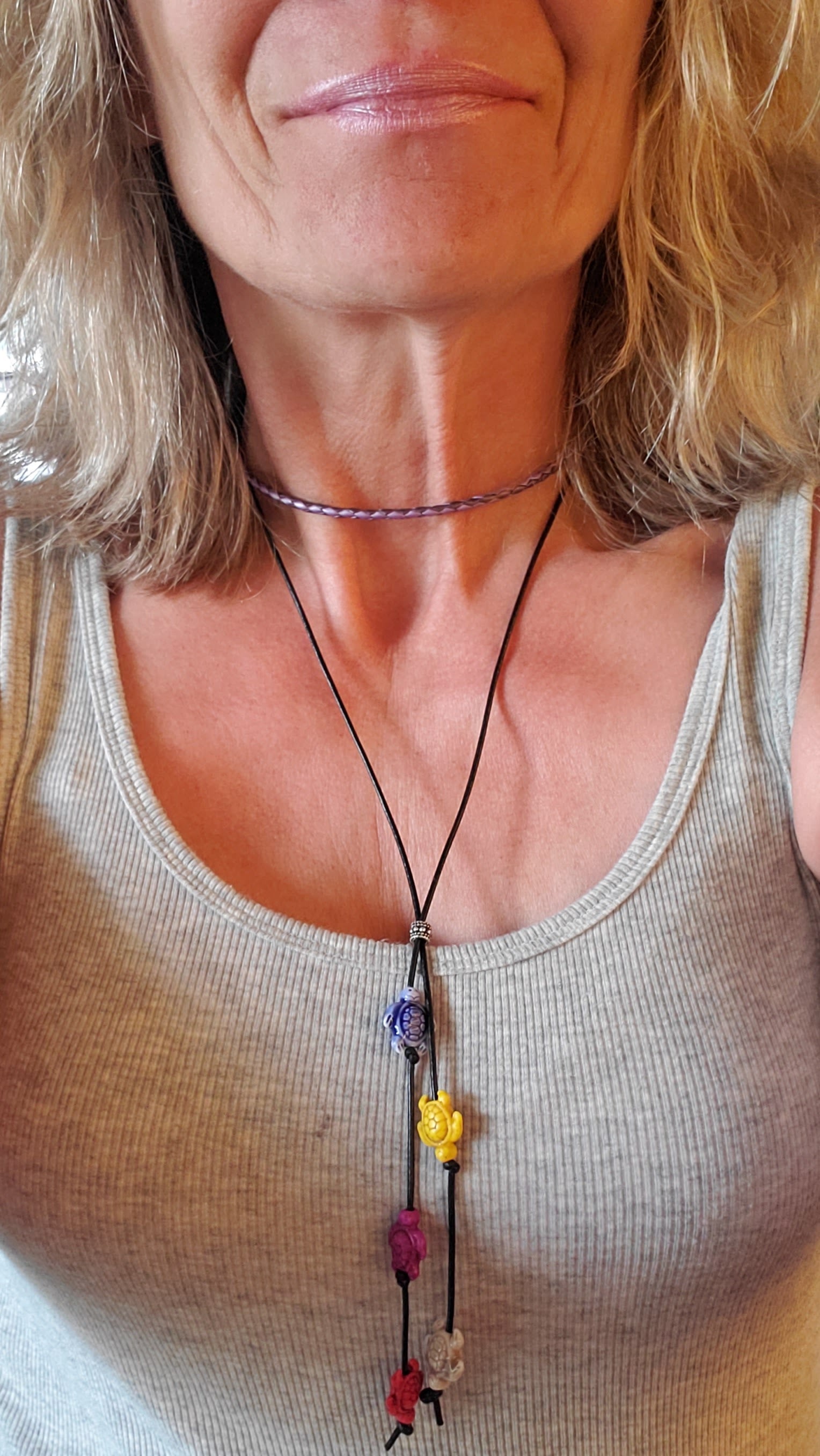 Handmade Black Leather Colored Ceramic Talking Turtle Bolo Necklace