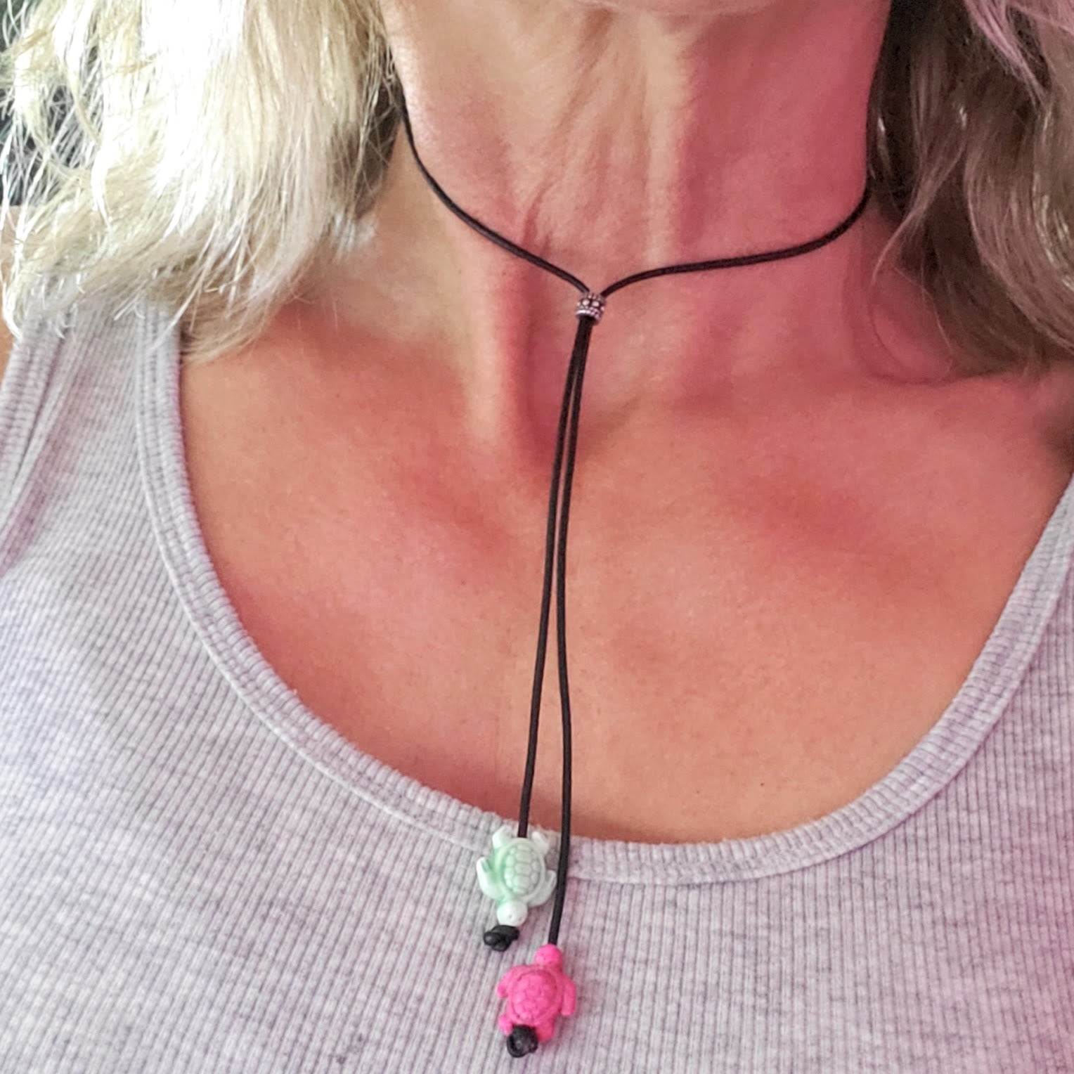 Handmade Black Leather Colored Ceramic Talking Turtle Bolo Necklace