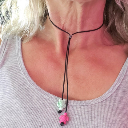 Handmade Black Leather Colored Ceramic Talking Turtle Bolo Necklace