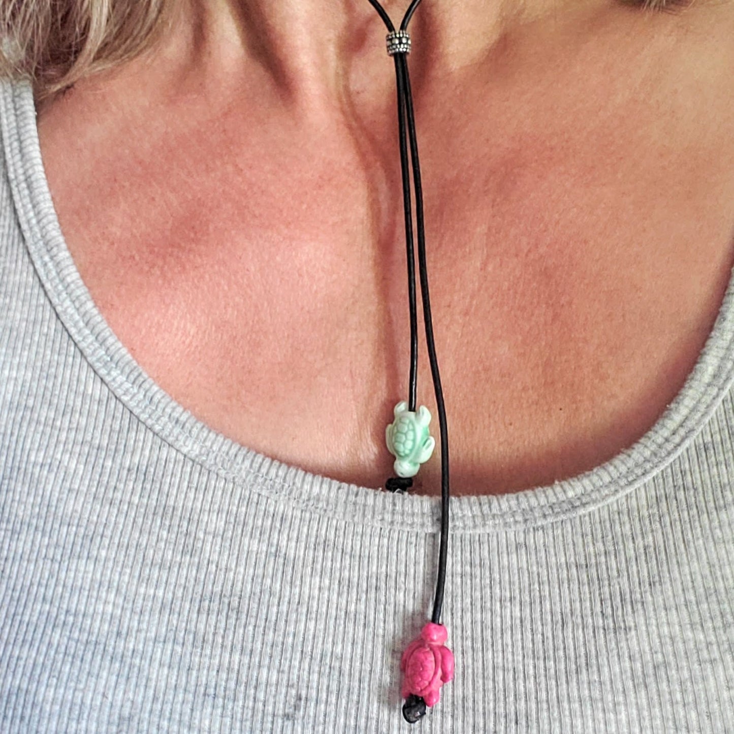 Handmade Black Leather Colored Ceramic Talking Turtle Bolo Necklace