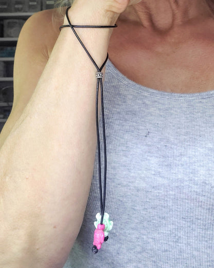 Handmade Black Leather Colored Ceramic Talking Turtle Bolo Necklace