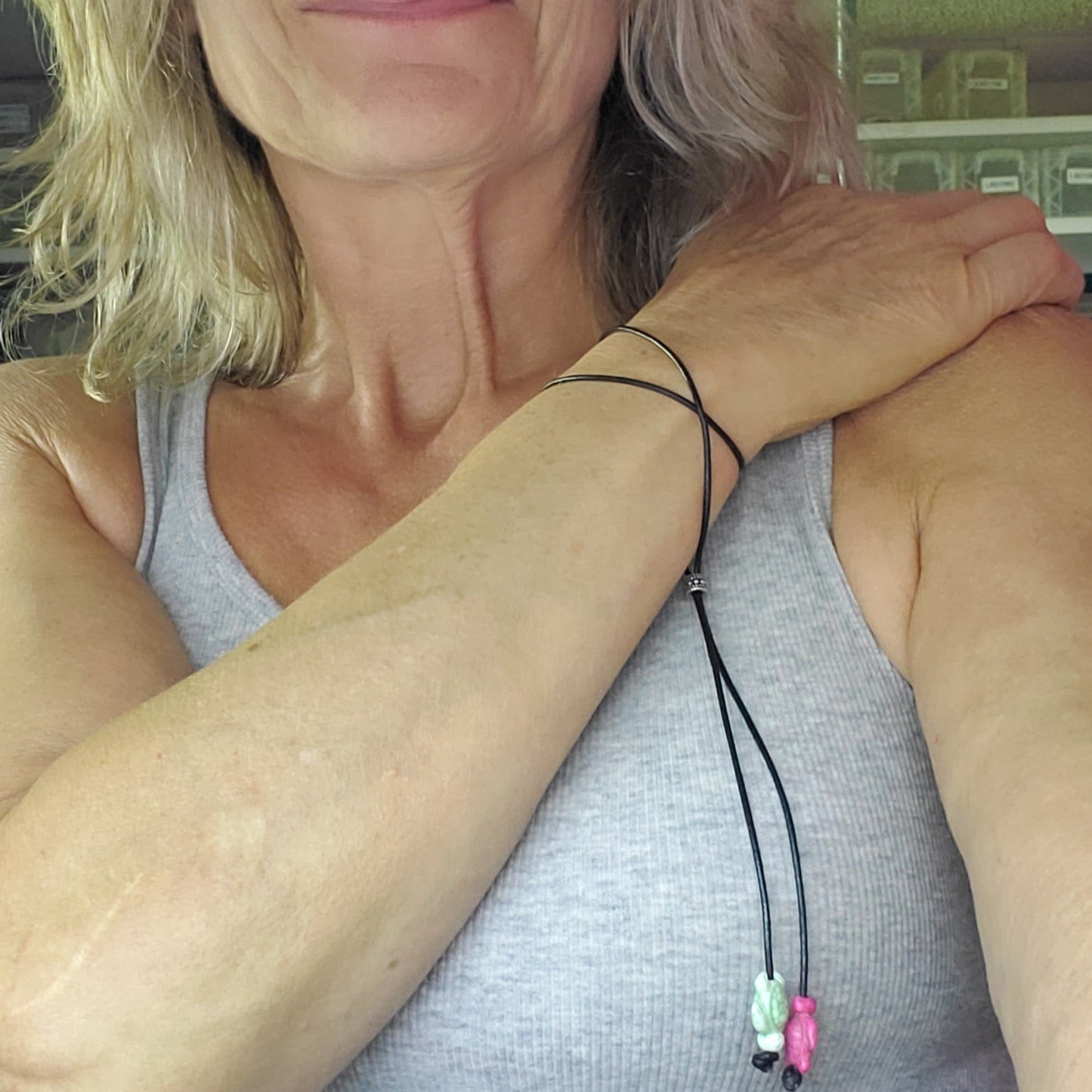 Handmade Black Leather Colored Ceramic Talking Turtle Bolo Necklace