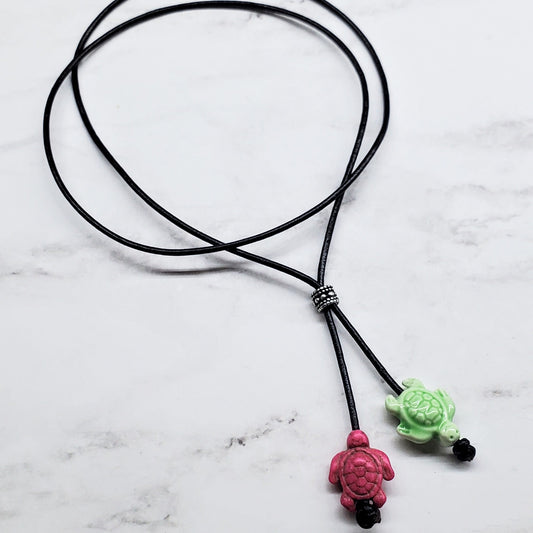 Handmade Black Leather Colored Ceramic Talking Turtle Bolo Necklace